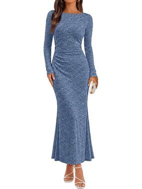 Women's Blue Long Sleeve Bodycon Fall Wedding Guest Formal Floral Maxi Dresses